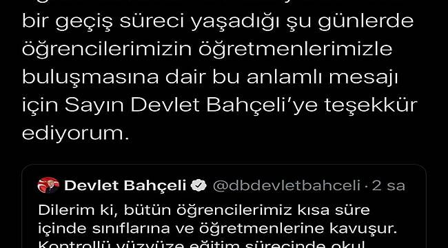 Milli Eğitim Bakanı Selçuk'dan MHP lideri Bahçeli'ye teşekkür mesajı