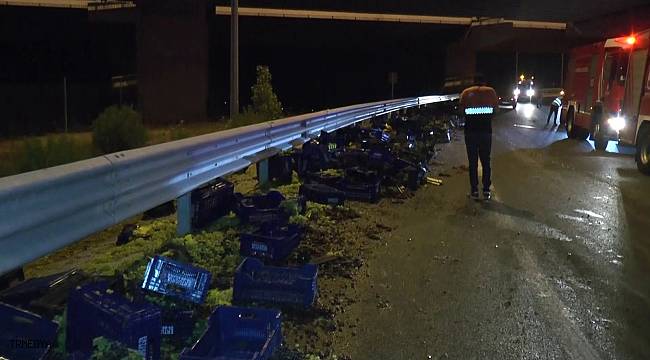 Kuzey Marmara Otoyolu'nda üzüm yüklü kamyon devrildi: 1'i ağır 2 yaralı
